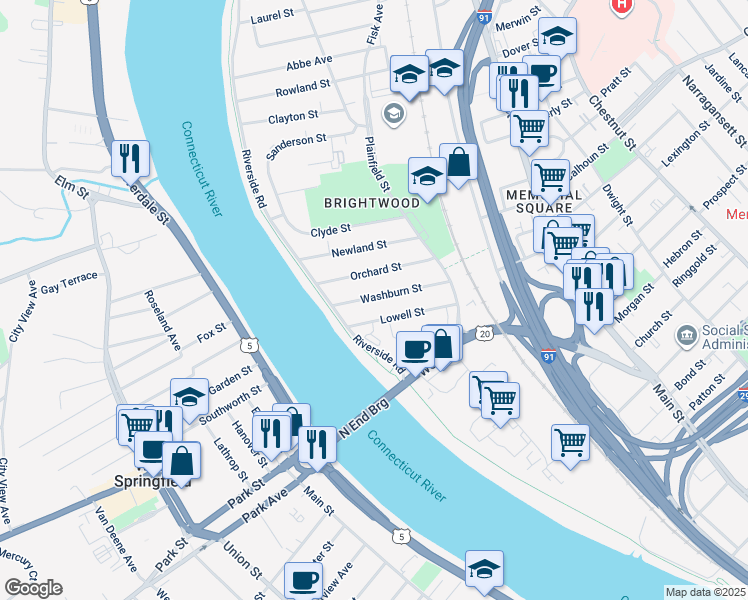 map of restaurants, bars, coffee shops, grocery stores, and more near 91 Washburn Street in Springfield