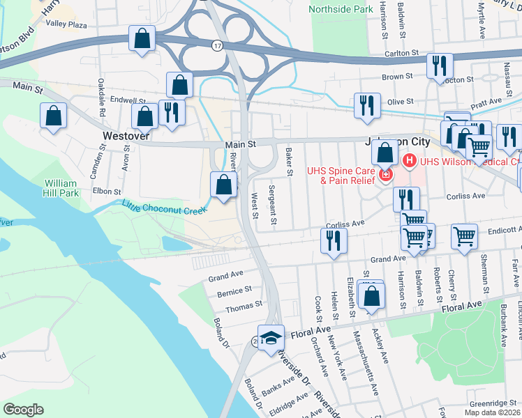 map of restaurants, bars, coffee shops, grocery stores, and more near 109 West Street in Johnson City