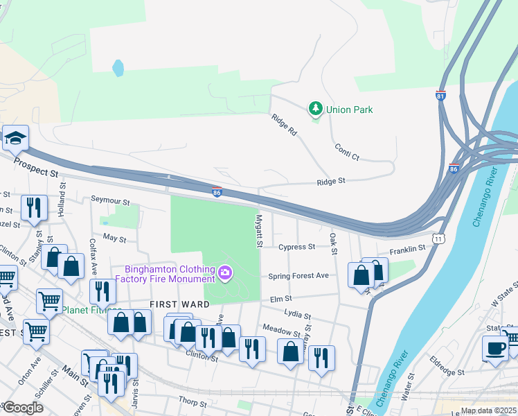 map of restaurants, bars, coffee shops, grocery stores, and more near 194 Prospect St in Binghamton