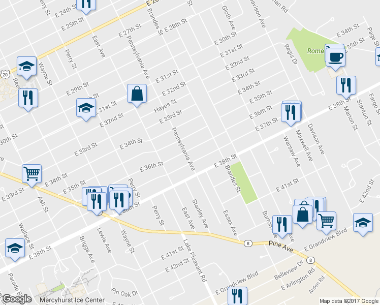 map of restaurants, bars, coffee shops, grocery stores, and more near 1105 East 36th Street in Erie