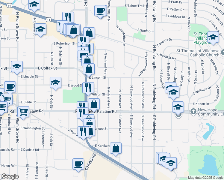 map of restaurants, bars, coffee shops, grocery stores, and more near 115 North Ashland Avenue in Palatine