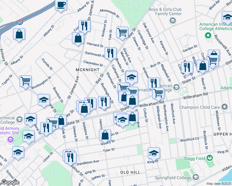 map of restaurants, bars, coffee shops, grocery stores, and more near 60 Sherman Street in Springfield