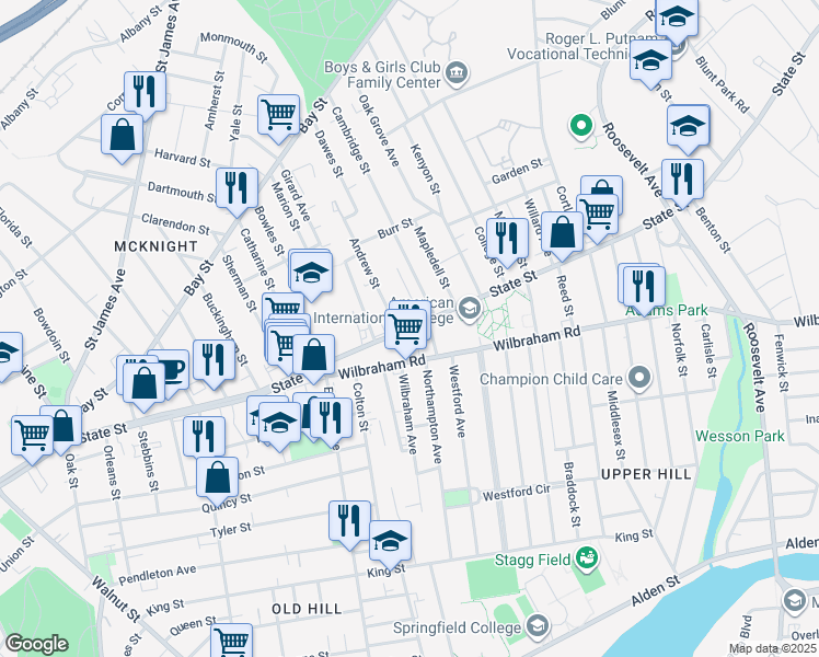 map of restaurants, bars, coffee shops, grocery stores, and more near 3 Rutland Street in Springfield