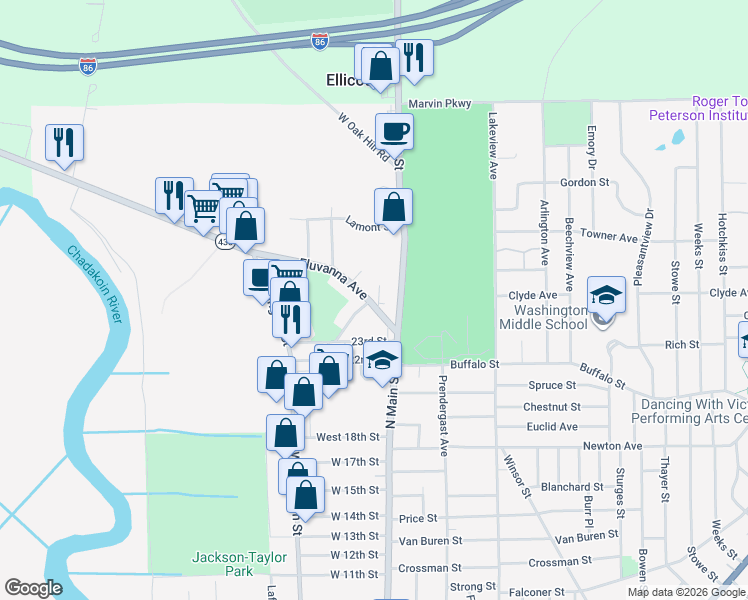 map of restaurants, bars, coffee shops, grocery stores, and more near 26 Fluvanna Avenue in Jamestown