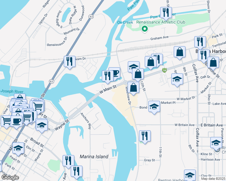map of restaurants, bars, coffee shops, grocery stores, and more near 600 West Main Street in Benton Harbor