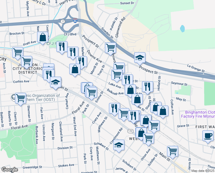 map of restaurants, bars, coffee shops, grocery stores, and more near in Binghamton