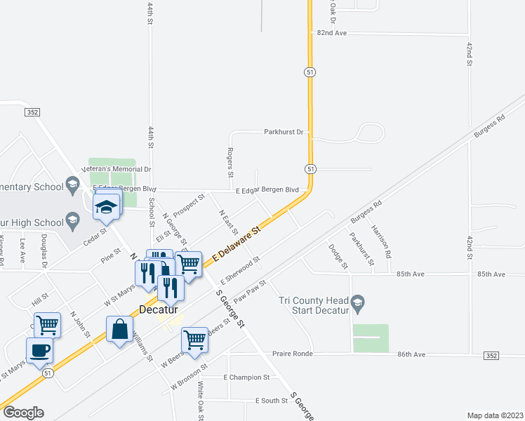 map of restaurants, bars, coffee shops, grocery stores, and more near 315 East Delaware Street in Decatur
