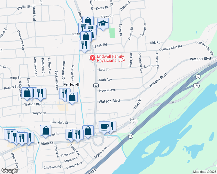 map of restaurants, bars, coffee shops, grocery stores, and more near 3613 Hoover Avenue in Endicott