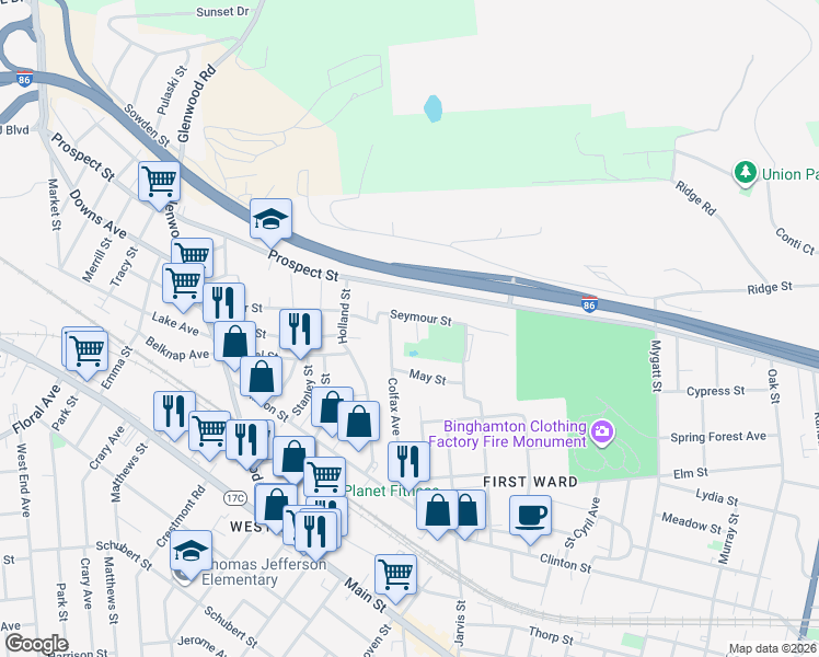 map of restaurants, bars, coffee shops, grocery stores, and more near 6 Seymour Avenue in Binghamton
