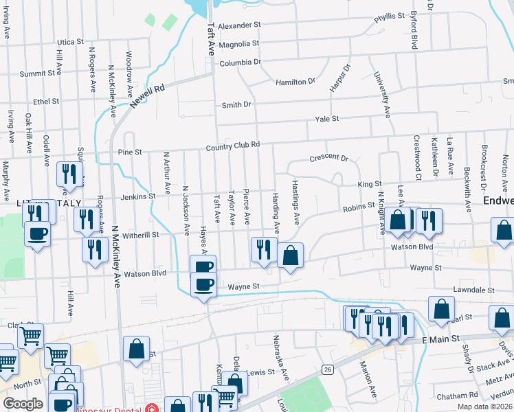 map of restaurants, bars, coffee shops, grocery stores, and more near 219 Wilson Ave in Endicott