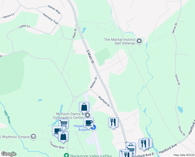 map of restaurants, bars, coffee shops, grocery stores, and more near 285 South Main Street in Hopedale