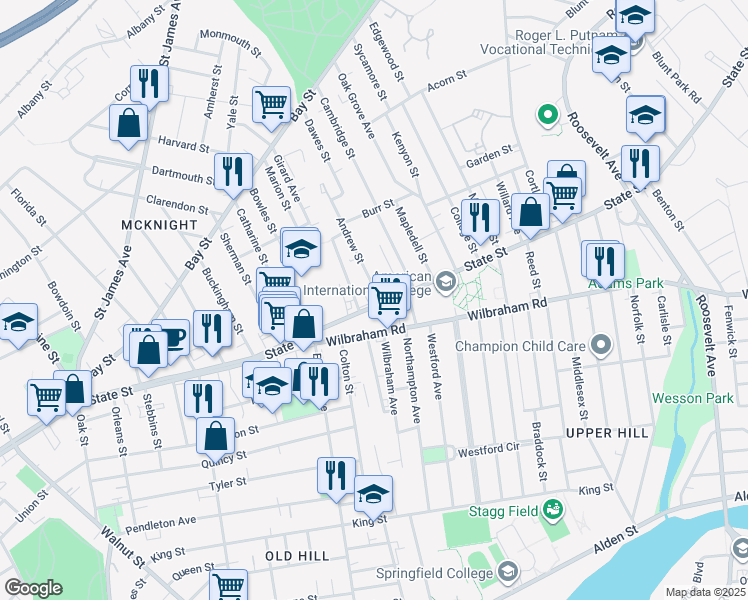 map of restaurants, bars, coffee shops, grocery stores, and more near 888 State Street in Springfield