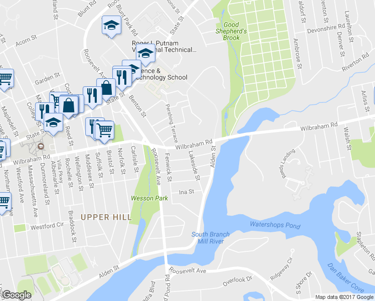 map of restaurants, bars, coffee shops, grocery stores, and more near 533 Wilbraham Road in Springfield