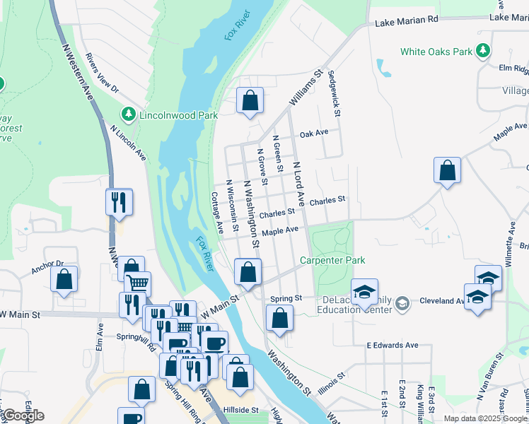 map of restaurants, bars, coffee shops, grocery stores, and more near 127 North Grove Street in Carpentersville