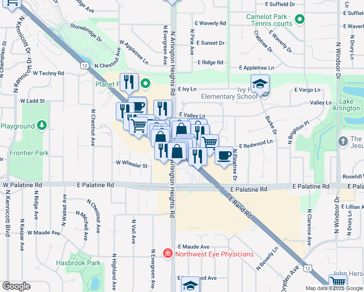 map of restaurants, bars, coffee shops, grocery stores, and more near 214 East Rand Road in Arlington Heights