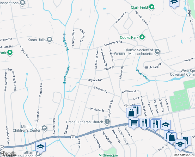 map of restaurants, bars, coffee shops, grocery stores, and more near 56 Virginia Avenue in West Springfield