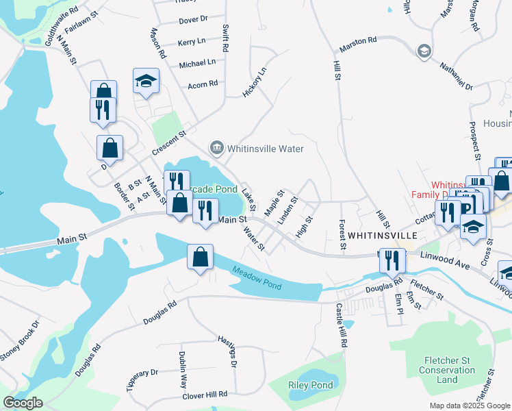 map of restaurants, bars, coffee shops, grocery stores, and more near 3 Lake Street in Northbridge
