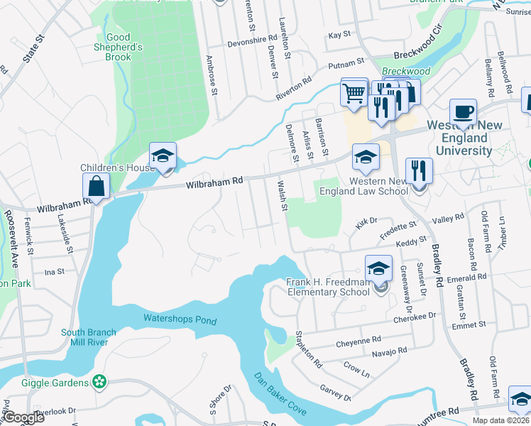 map of restaurants, bars, coffee shops, grocery stores, and more near 55 Monticello Avenue in Springfield