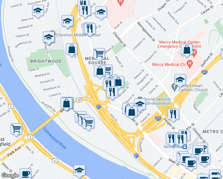 map of restaurants, bars, coffee shops, grocery stores, and more near in Springfield
