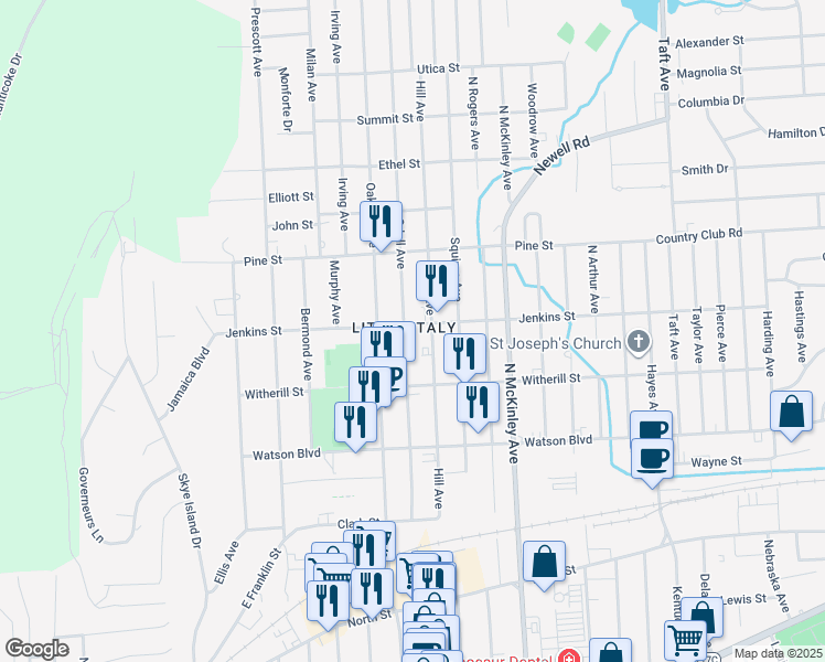 map of restaurants, bars, coffee shops, grocery stores, and more near 302 Hill Avenue in Endicott