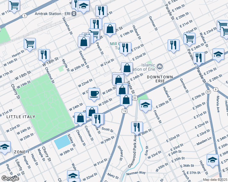 map of restaurants, bars, coffee shops, grocery stores, and more near 2418 20 Peach St in Erie