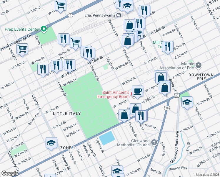 map of restaurants, bars, coffee shops, grocery stores, and more near 344 West 22nd Street in Erie