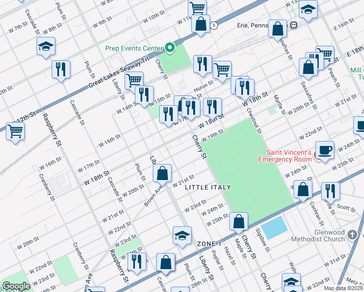 map of restaurants, bars, coffee shops, grocery stores, and more near 642 West 19th Street in Erie