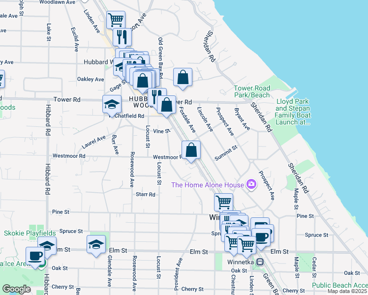 map of restaurants, bars, coffee shops, grocery stores, and more near 770 Green Bay Road in Winnetka