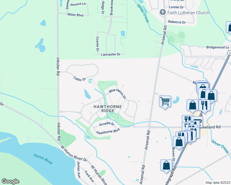 map of restaurants, bars, coffee shops, grocery stores, and more near 26687 Blue Heron Drive in Flat Rock