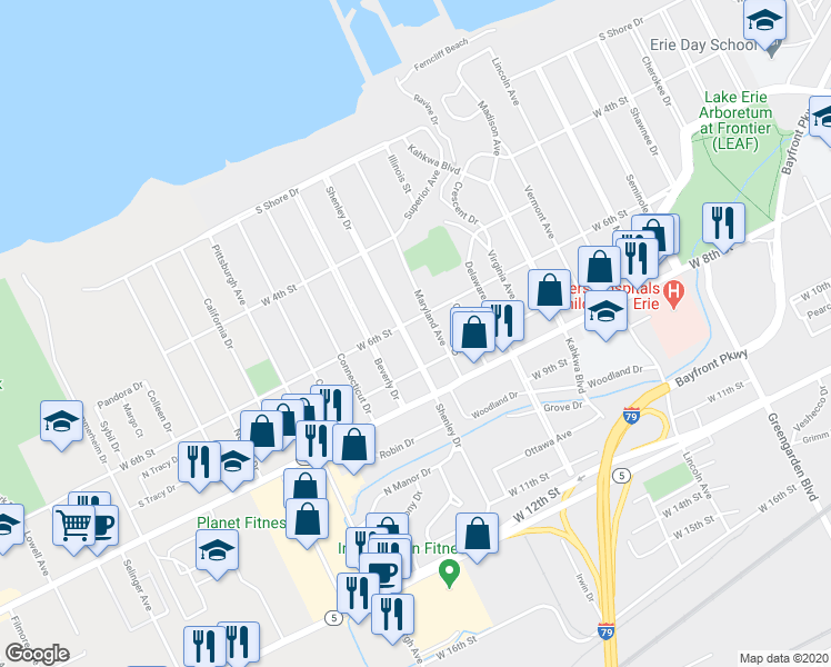 map of restaurants, bars, coffee shops, grocery stores, and more near 611 Shenley Drive in Erie