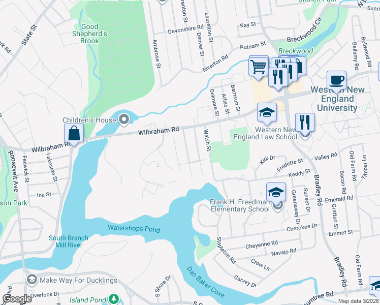 map of restaurants, bars, coffee shops, grocery stores, and more near 55 Monticello Avenue in Springfield
