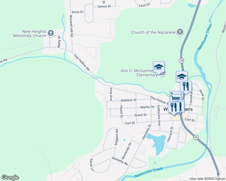 map of restaurants, bars, coffee shops, grocery stores, and more near 1317 Irma Avenue in Endicott