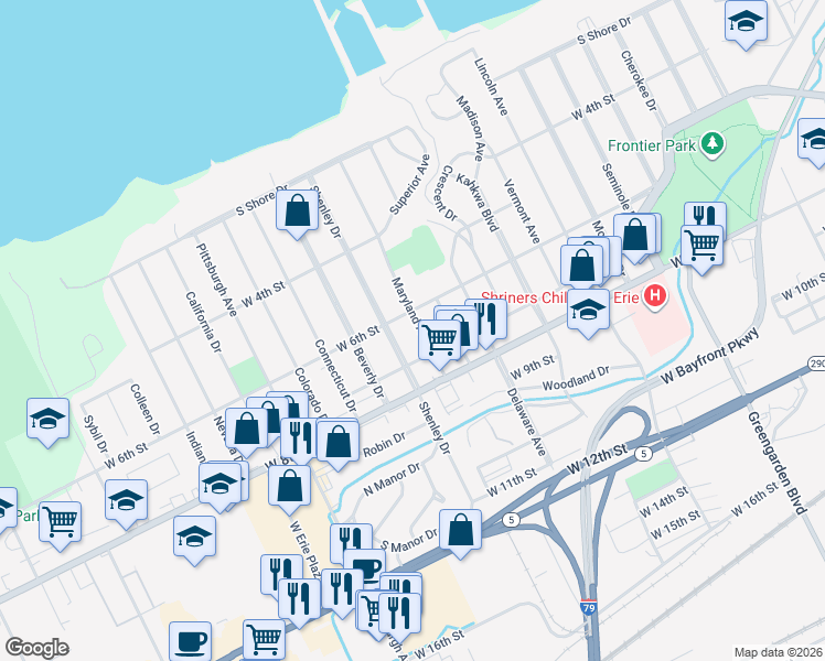 map of restaurants, bars, coffee shops, grocery stores, and more near 629 Maryland Avenue in Erie