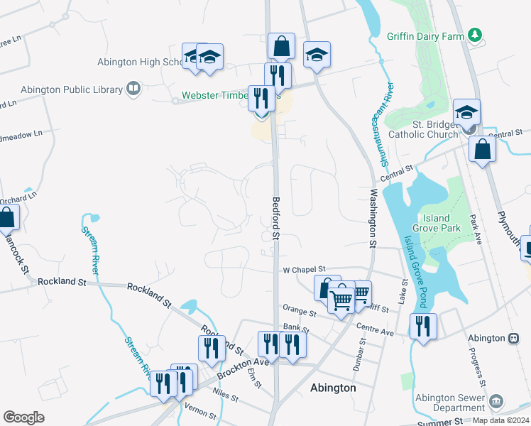 map of restaurants, bars, coffee shops, grocery stores, and more near 292 Bedford Street in Abington