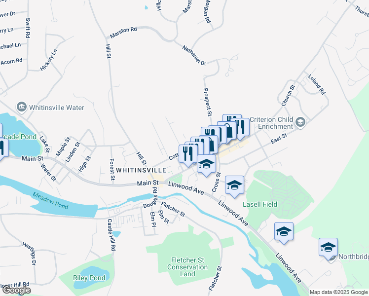 map of restaurants, bars, coffee shops, grocery stores, and more near 65 Cottage Street in Northbridge