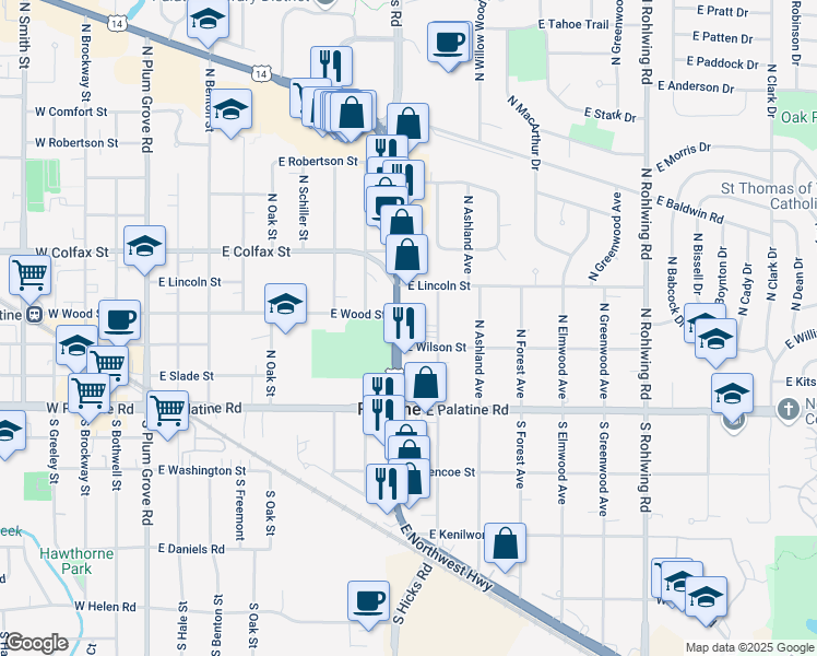 map of restaurants, bars, coffee shops, grocery stores, and more near 113 North Northwest Highway in Palatine