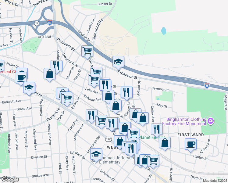 map of restaurants, bars, coffee shops, grocery stores, and more near 21 Julian St in Binghamton