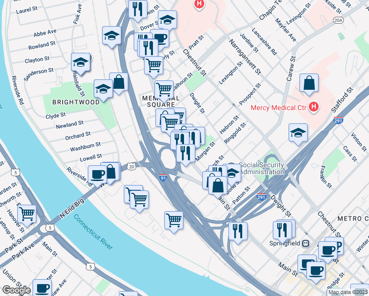 map of restaurants, bars, coffee shops, grocery stores, and more near 5 Osgood Street in Springfield