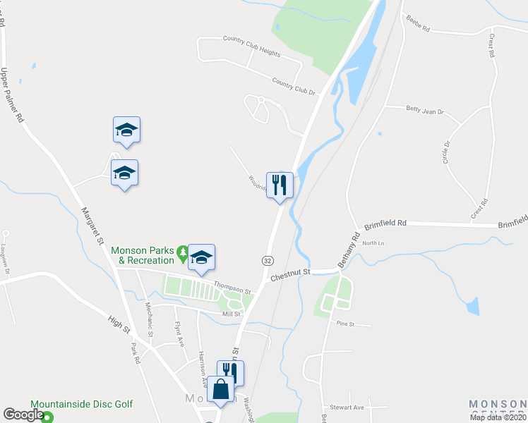 map of restaurants, bars, coffee shops, grocery stores, and more near 18 Palmer Road in Monson