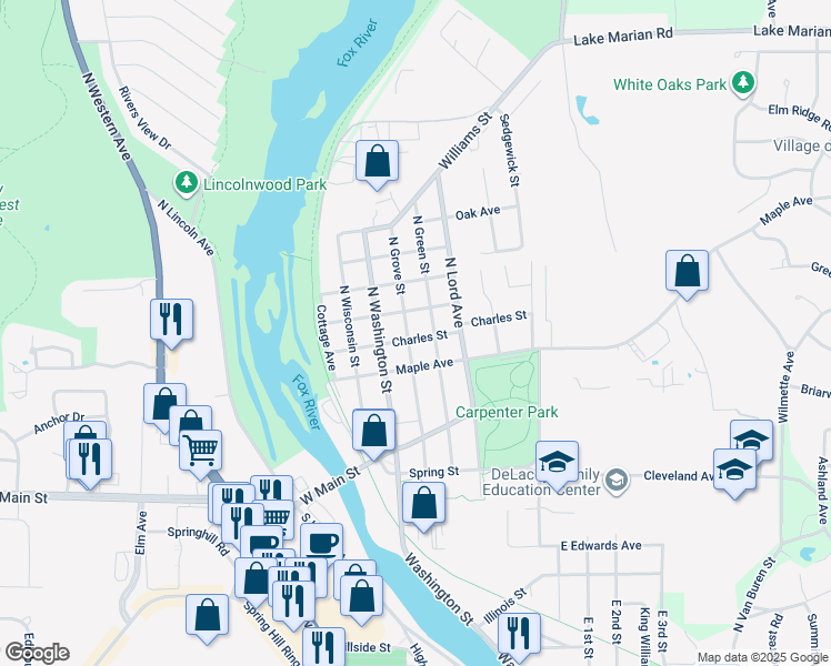 map of restaurants, bars, coffee shops, grocery stores, and more near 127 North Grove Street in Carpentersville