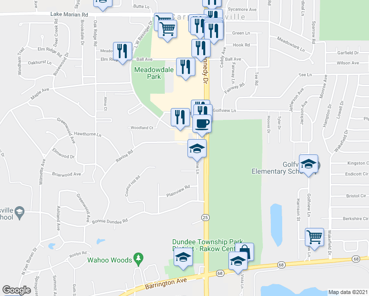 map of restaurants, bars, coffee shops, grocery stores, and more near 1651 Ravine Lane in Carpentersville