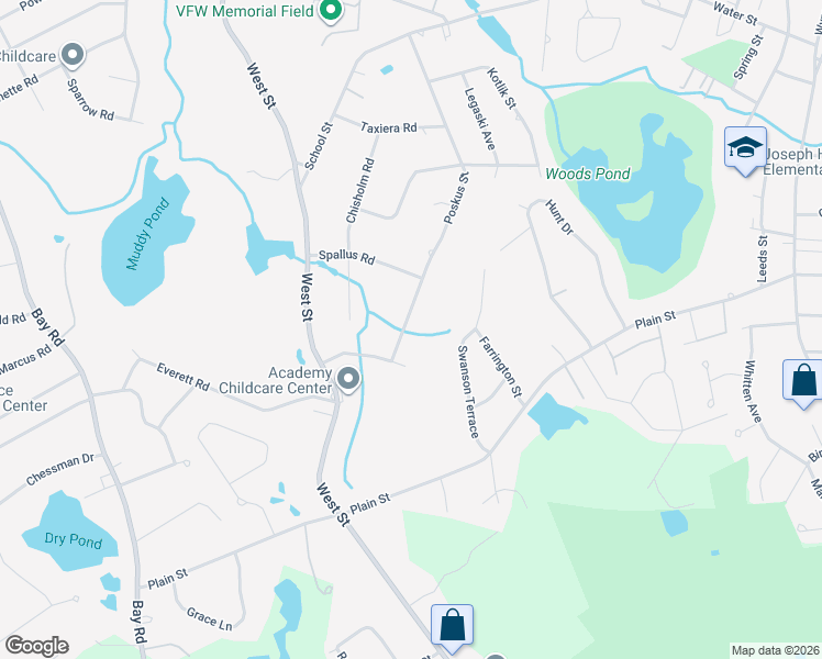 map of restaurants, bars, coffee shops, grocery stores, and more near 35 Poskus Street in Stoughton