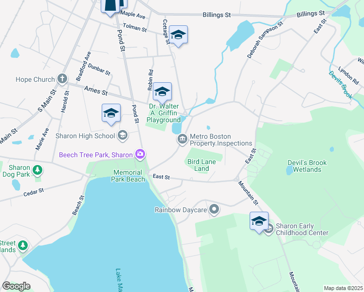 map of restaurants, bars, coffee shops, grocery stores, and more near 32 Quincy Street in Sharon