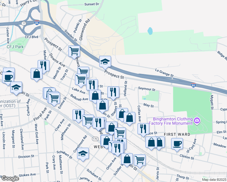 map of restaurants, bars, coffee shops, grocery stores, and more near 2 Cliff Avenue in Binghamton