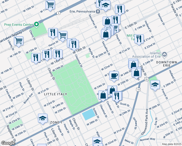 map of restaurants, bars, coffee shops, grocery stores, and more near 344 W 22nd St in Erie