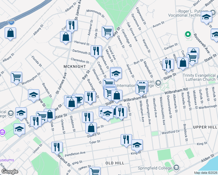 map of restaurants, bars, coffee shops, grocery stores, and more near 54 Catharine Street in Springfield