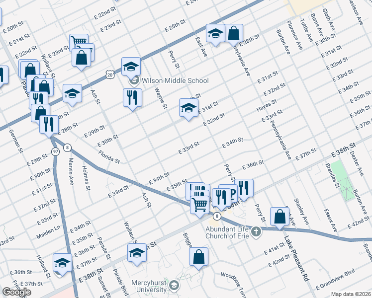 map of restaurants, bars, coffee shops, grocery stores, and more near East 33rd Street in Erie