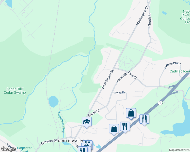 map of restaurants, bars, coffee shops, grocery stores, and more near 25 Georgia Drive in Walpole