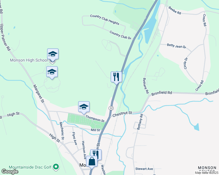 map of restaurants, bars, coffee shops, grocery stores, and more near 18 Palmer Road in Monson