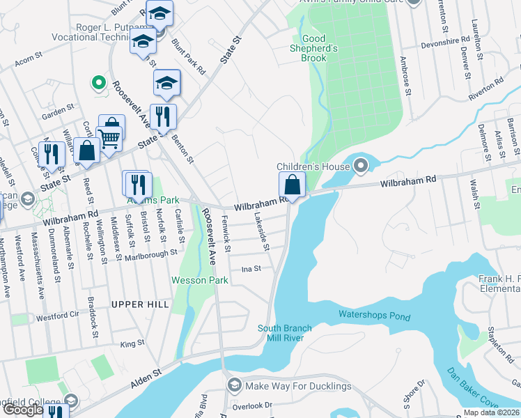 map of restaurants, bars, coffee shops, grocery stores, and more near 533 Wilbraham Road in Springfield